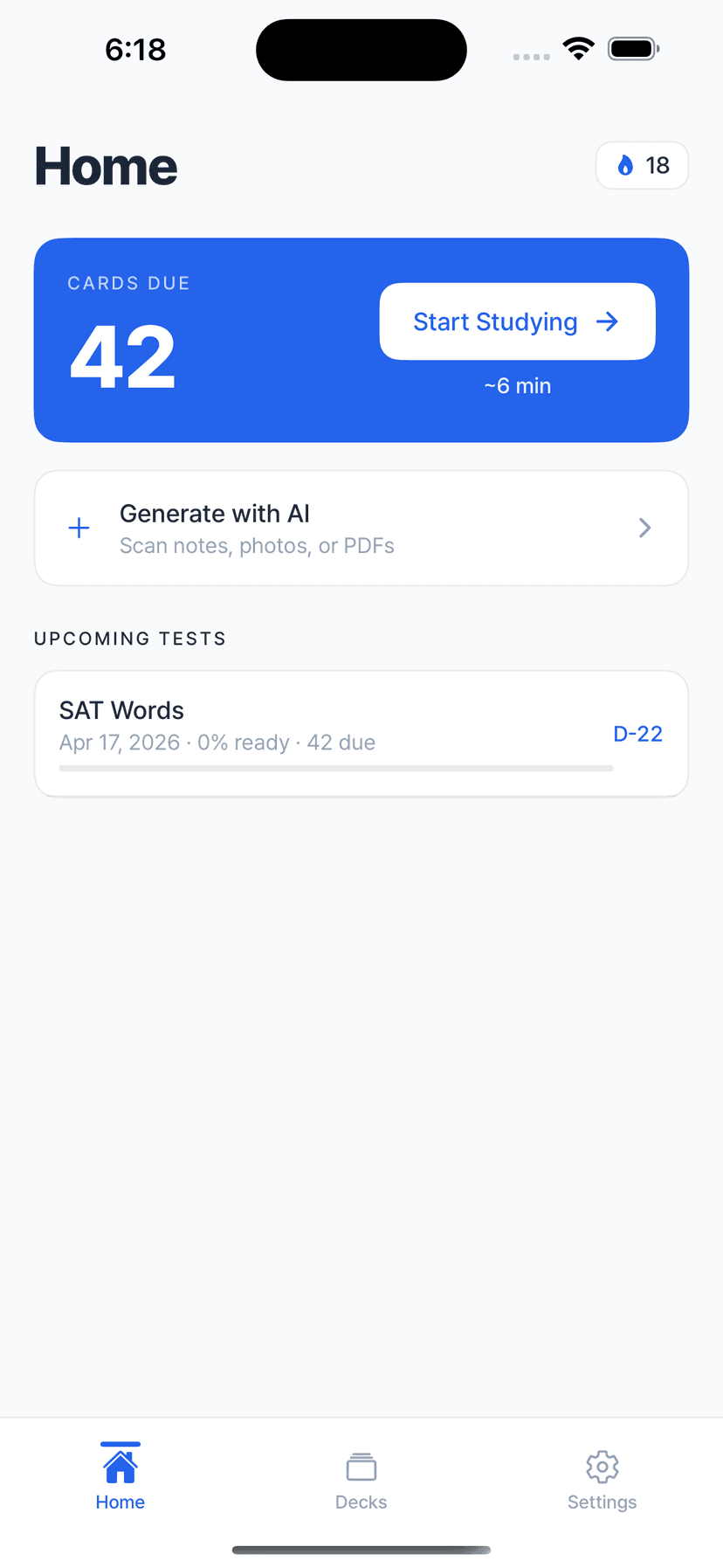 StudyLess home screen with due cards and upcoming tests