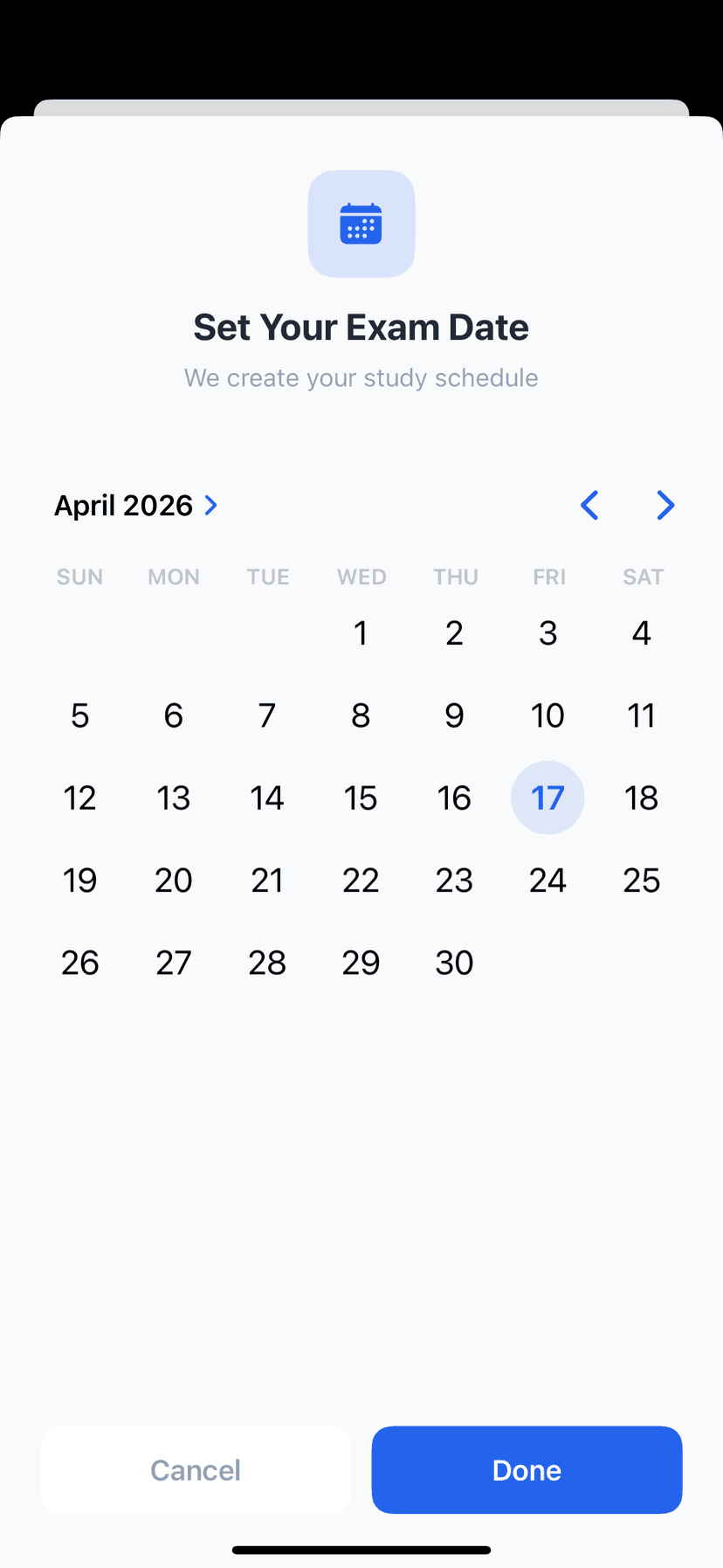 StudyLess exam date picker