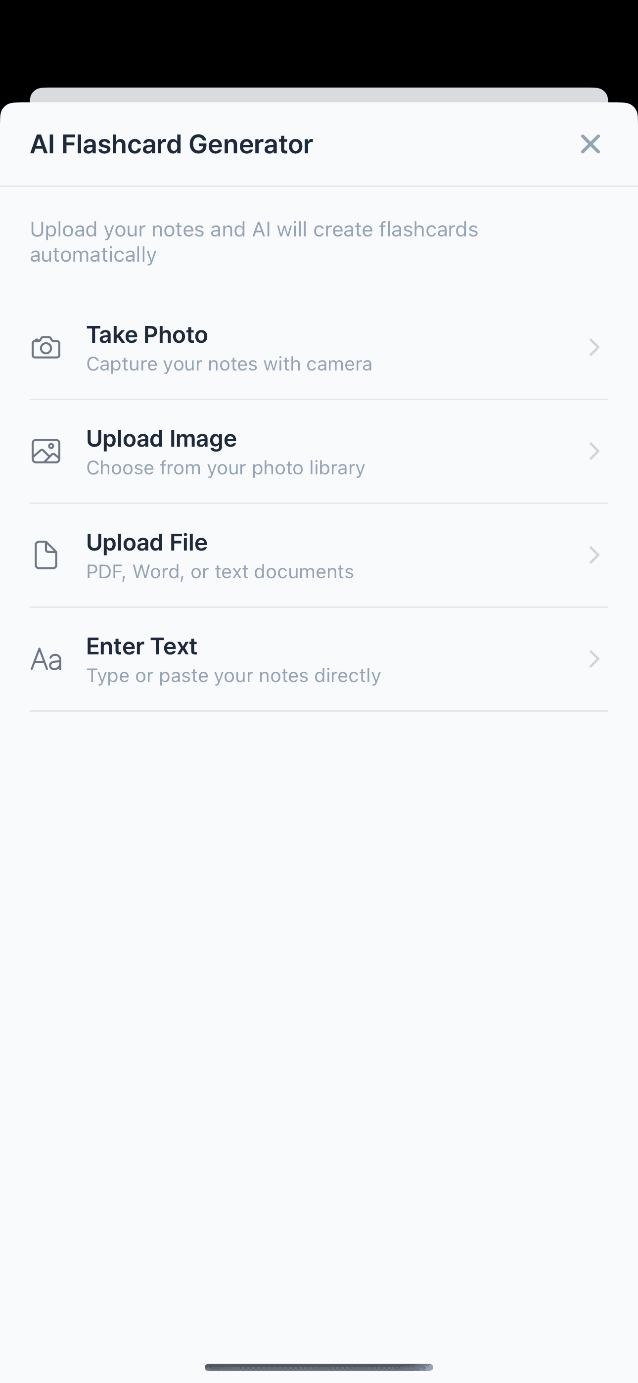 AI Flashcard Generator showing four upload methods: Take Photo, Upload Image, Upload File, Enter Text