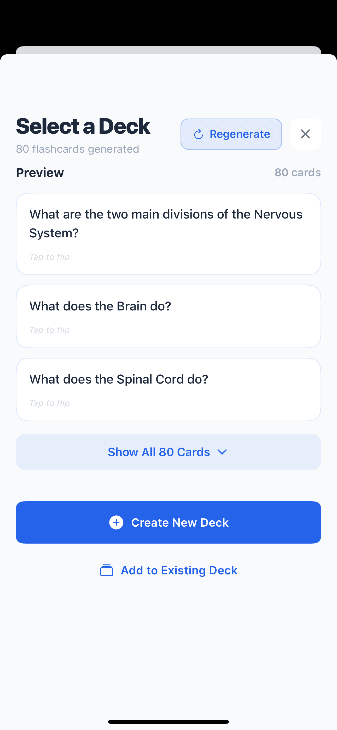Generated flashcard deck preview showing 80 AI-created cards from class notes