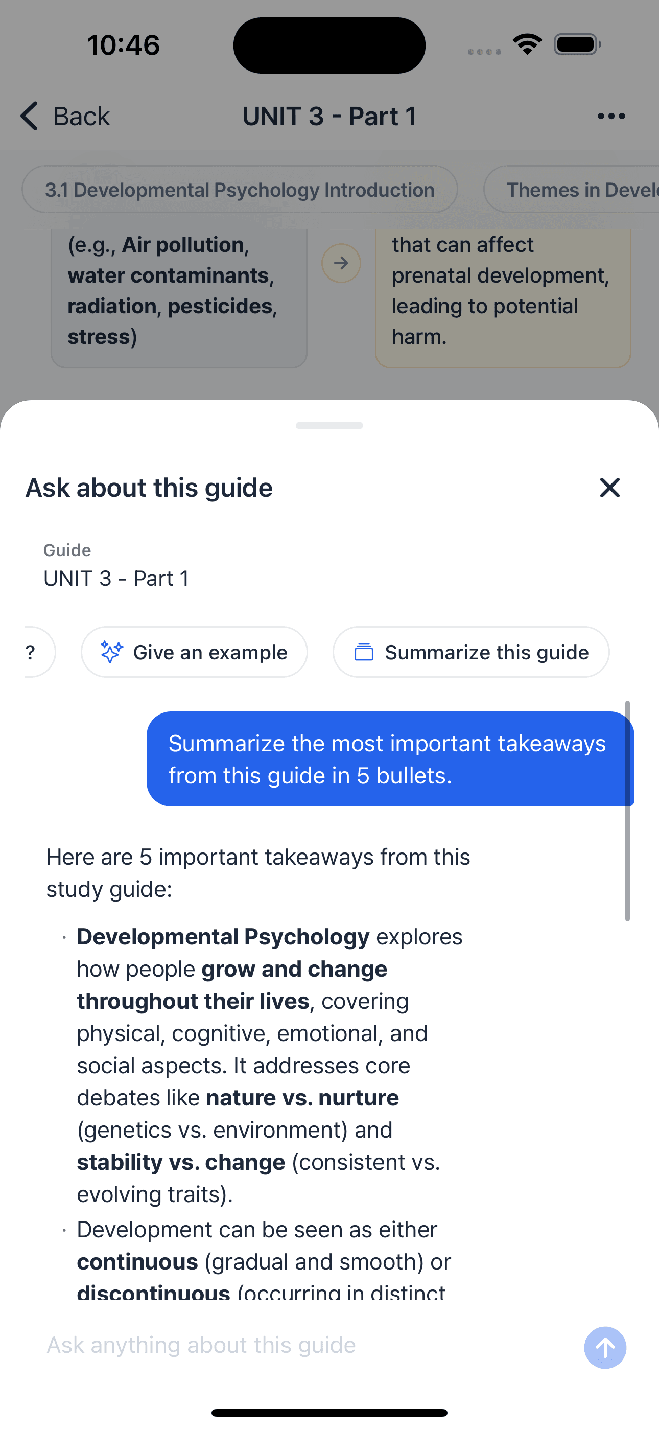 AI tutor sheet open below the study guide with quick prompts (Give an example, Summarize this guide) and a 5-bullet summary of the topic