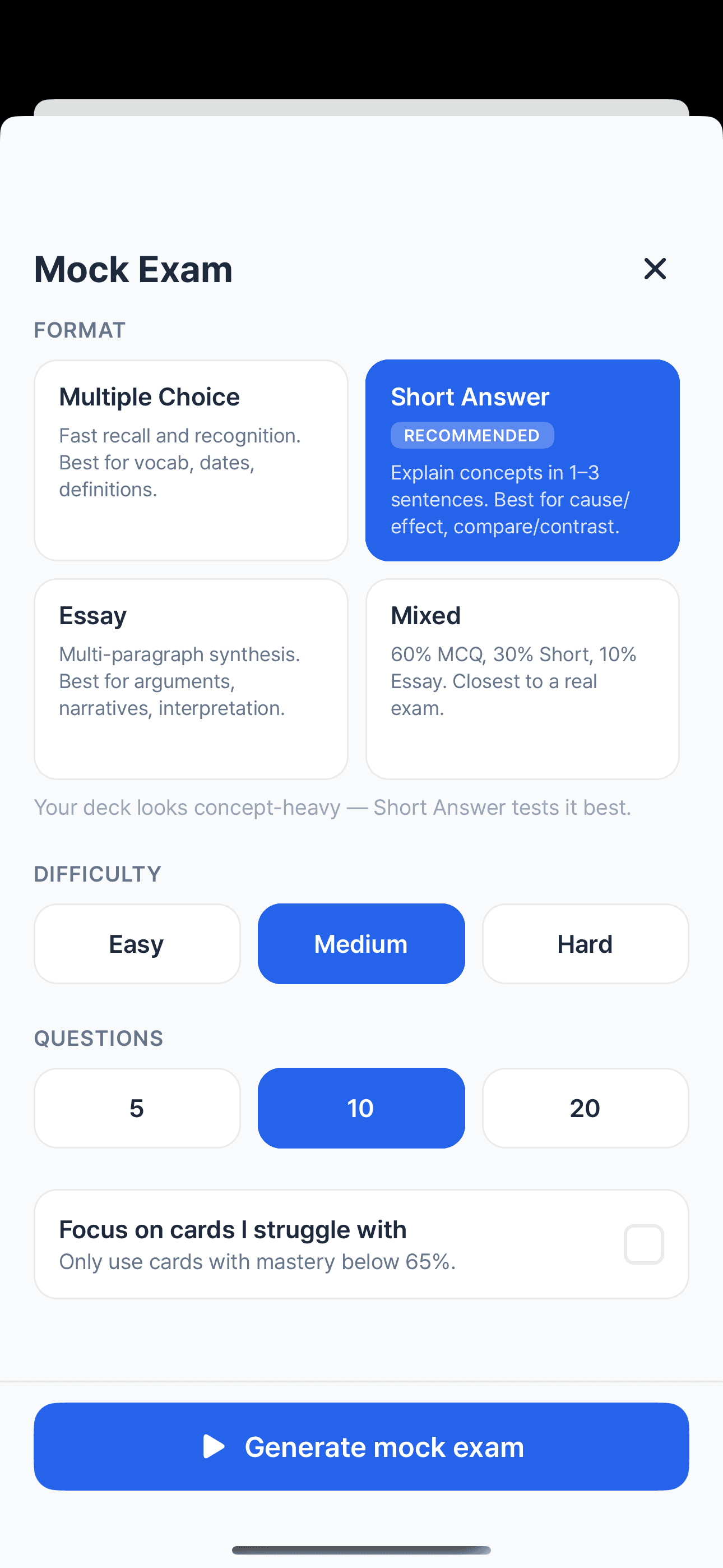 Mock exam configuration sheet with format options (Multiple Choice, Short Answer marked Recommended, Essay, Mixed), difficulty (Easy/Medium/Hard), and question count (5/10/20)