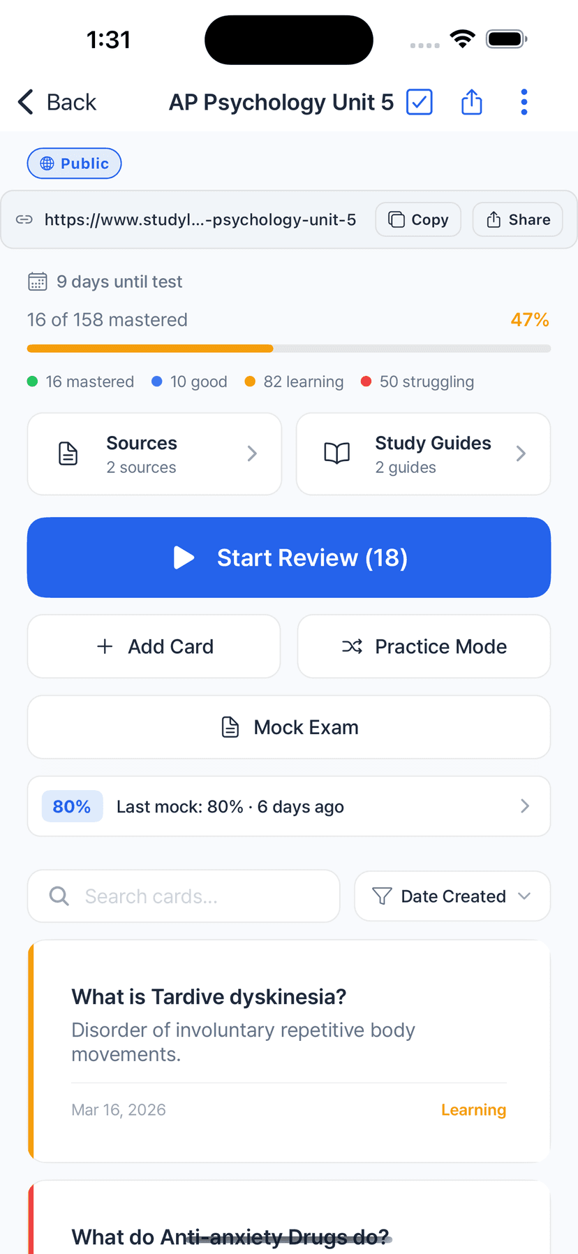 AP Psychology Unit 5 deck showing 9 days until test, 16 of 158 cards mastered (47% ready), with mastery breakdown of 16 mastered, 10 good, 82 learning, 50 struggling, plus a public share link row at the top
