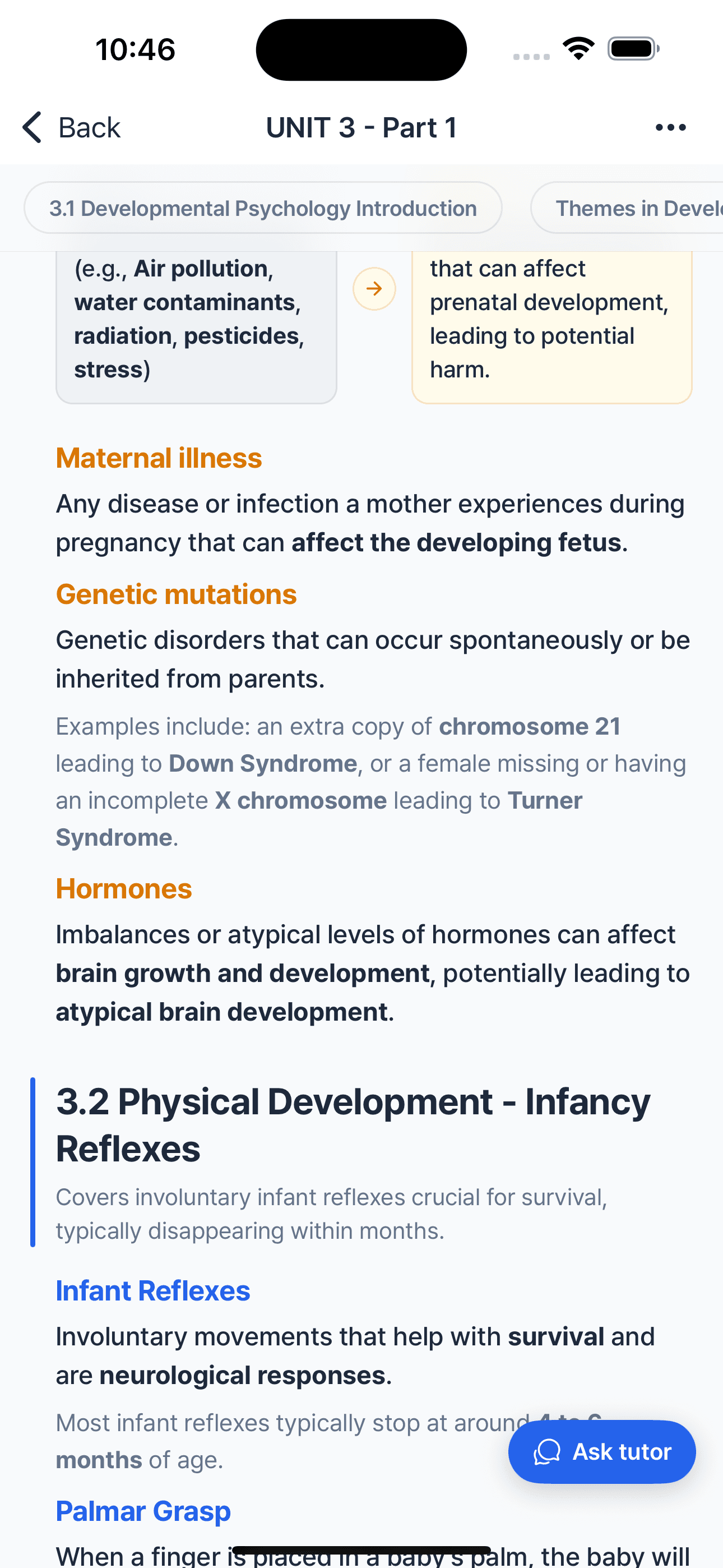 Study guide page showing structured developmental psychology content with bold orange headings, key terms highlighted, and an Ask tutor button