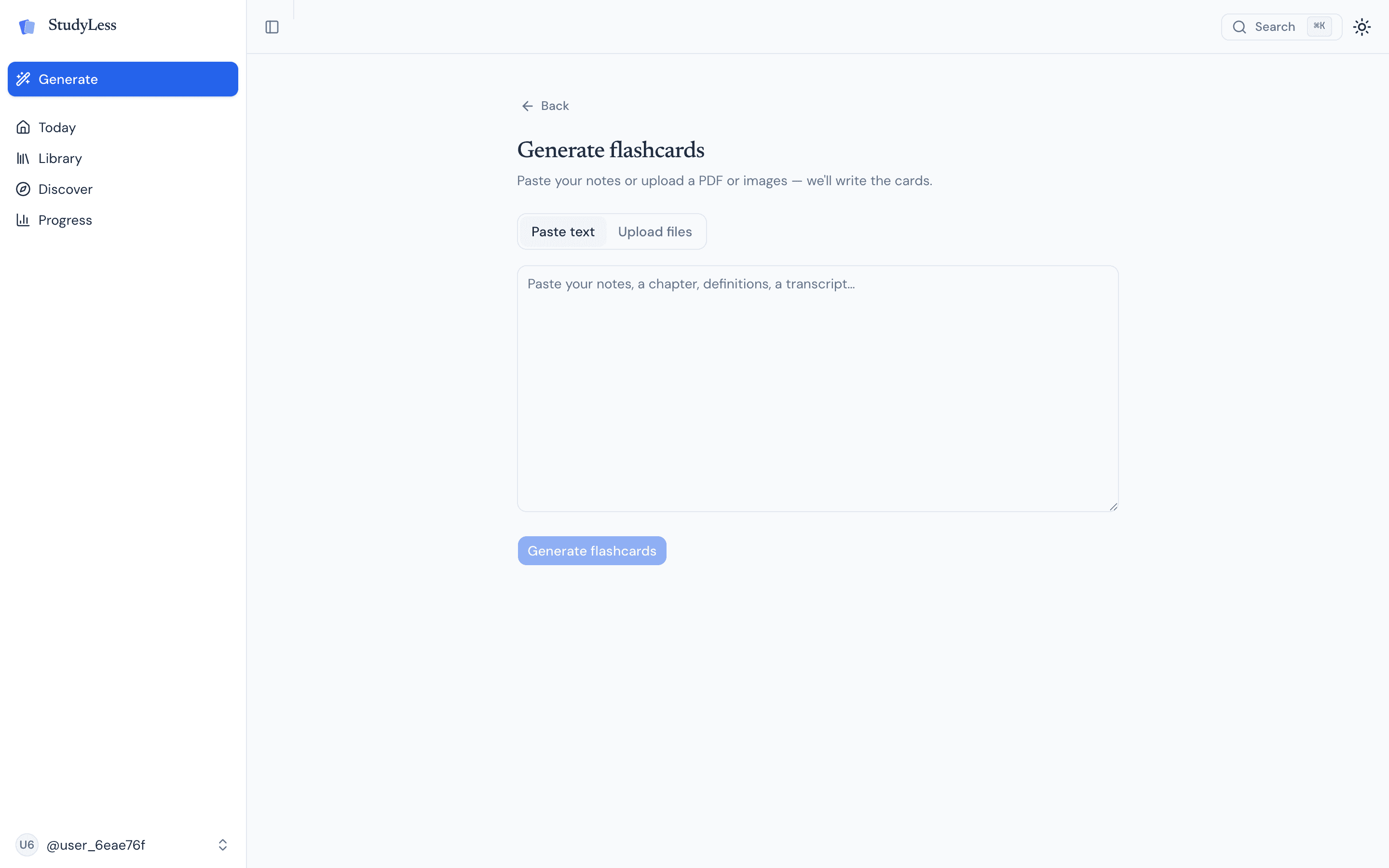StudyLess generate screen with options to paste text or upload a PDF, images, and slides