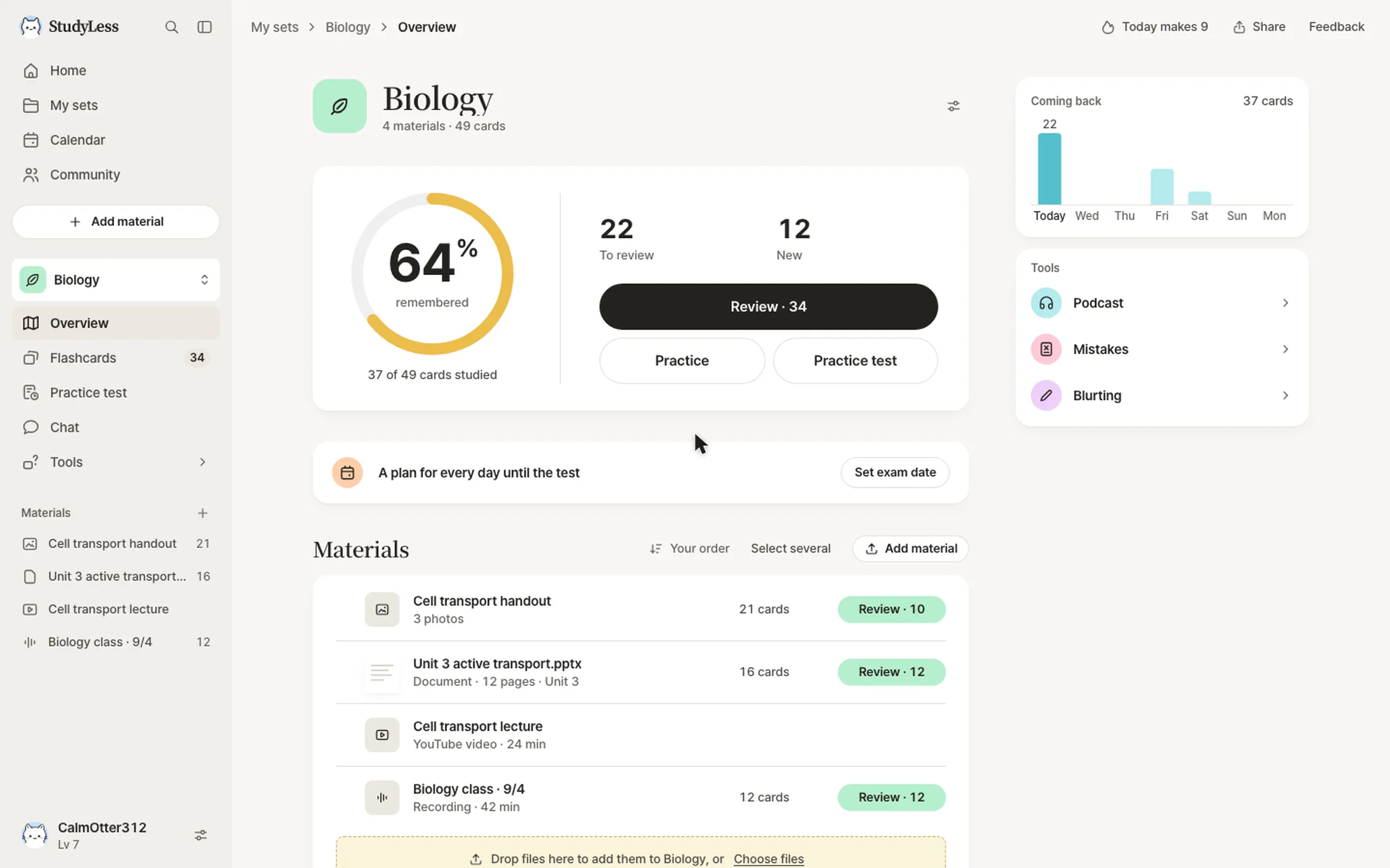 A test's plan in StudyLess: the days left, the materials it covers, the time each day and today's steps.