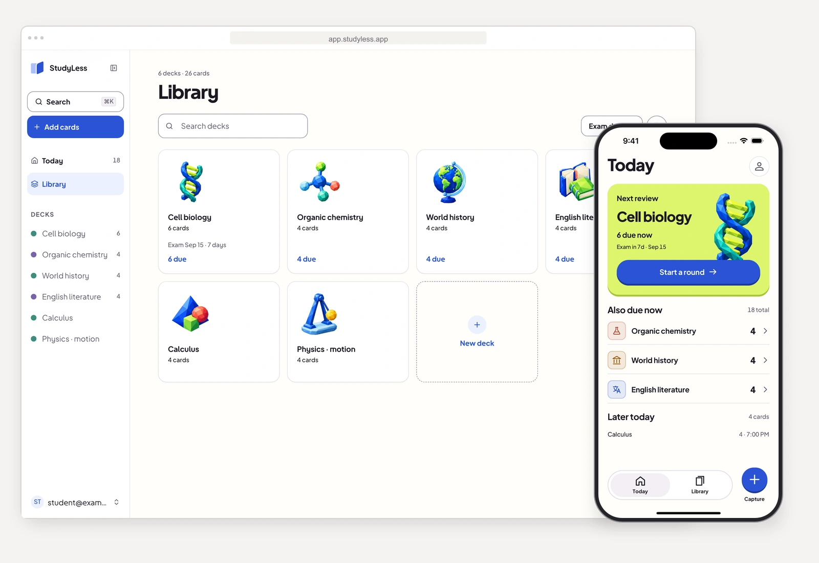 StudyLess on desktop and iPhone: six subject decks in the web library and eighteen cards due in the native Today view.